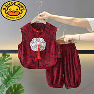 G.DUCKKIDS男童新中式漢服紅色套裝夏季新款周歲禮服男寶寶唐裝輕薄款兩件套 紅色 套裝 110