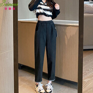貝娜妮（Beinani）大碼女裝胖MM牛仔褲女秋冬裝胖妹妹彈力休閑哈倫褲松緊腰老爹褲子 黑色 4XL 建議180-200斤