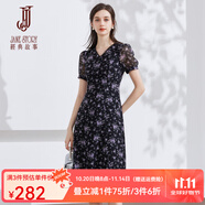 經(jīng)典故事（JANE STORY）法式茶歇連衣裙女2024夏季新款泡泡袖收腰溫柔長(zhǎng)裙氣質(zhì)碎花雪紡裙 黑底紫花 L