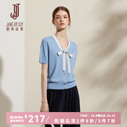 經(jīng)典故事（JANE STORY）經(jīng)典故事超好看時(shí)尚撞色上衣女2025夏季新款短袖薄款系帶領(lǐng)針織衫 淺藍 M