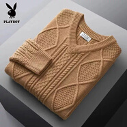 花花公子高檔毛衫男加厚v領(lǐng)毛衣秋冬加厚保暖男士毛衣麻花粗線(xiàn)寬松針織衫 駝色加 厚款 L 100-120斤