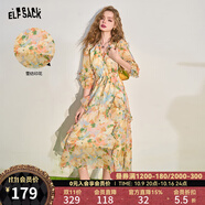 妖精的口袋【花天酒地裙】法式v領(lǐng)碎花連衣裙女2025年夏季收腰顯瘦度假裙子 甜美嫩黃色 S
