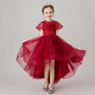 小咔衣濃女童生日主持人公主裙花童婚紗小女孩晚禮服兒童鋼琴演出服裝秋季 酒紅色1901前短后長(cháng) 160