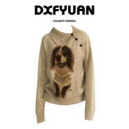 自語(yǔ)（ZIYU）織敘韓系復古小狗提花翻領(lǐng)針織衫毛衣女秋冬款寬松慵懶風(fēng)外穿上衣 織敘 雅致駝 不規則領(lǐng)口 S  建議85-100斤左右