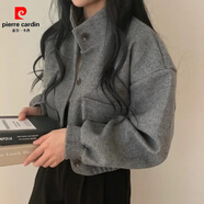 皮爾卡丹（pierre cardin）韓國chic秋冬法式復(fù)古機(jī)車小立領(lǐng)開衫減齡寬松燈籠袖短款毛呢外套 深灰色 均碼