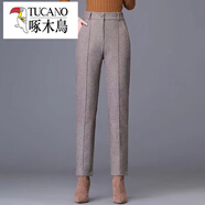 啄木鳥(niǎo)（TUCANO）小腳褲毛呢哈倫褲女加厚高腰修身時(shí)尚煙管直筒百搭設計感蘿卜長(cháng)褲 咖啡色毛呢-后松緊腰 加厚 4XL 建議145-155斤