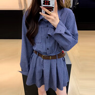 敬麥2025新款韓系復(fù)古藍(lán)色格子襯衫連衣裙子女裝早春季高級(jí)感辣妹短裙 藍(lán)色格子【早春季開春韓系穿搭/2025年超火女裝/ S 40/45kg/