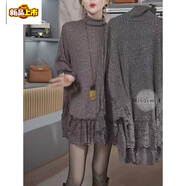 初徑高領(lǐng)蕾絲下擺針織衫女冬季新款慵懶風(fēng)寬松套頭中長(cháng)款減齡打底毛衣 灰色 拍下發(fā)霧霾紫 M 90-110斤