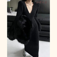 風(fēng)曉薇法式復古感加厚毛衣長(cháng)裙氣質(zhì)名媛修身V領(lǐng)針織過(guò)膝顯瘦連衣裙 黑色毛衣裙(版) M