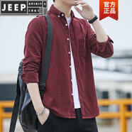 JEEP SPIRIT春季男士純棉襯衣條紋寬松上衣休閑寸燈芯絨長(cháng)袖襯衫潮流大碼外套 酒紅色 常規  春款 190/3XL/43(170-185斤左右)