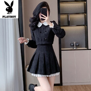 花花公子（PLAYBOY）新品法式小香風(fēng)假兩件連衣裙女秋冬新款富家千金氣質(zhì)名媛小個(gè)子打 黑色【高端版】-旗艦款 M