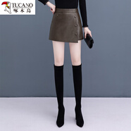 啄木鳥(niǎo)仿真皮皮裙褲女海寧綿羊皮字短裙秋冬季高腰半身裙時(shí)尚顯瘦靴褲裙 咖啡色 S