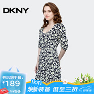 唐可娜兒（DKNY）【京東奧萊】新款印花連衣裙女夏季新款寬松顯瘦V領(lǐng)短袖A字裙女W2 W2212Z52-011 S