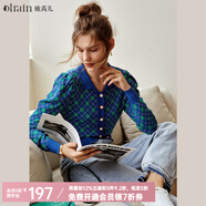 Olrain歐芮兒格子開(kāi)衫毛衣女春裝新款修身顯瘦法式復(fù)古外穿藍(lán)色上衣 藍(lán)色 S