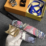 新款男士時(shí)尚潮流皮帶學(xué)生休閑時(shí)尚自動(dòng)扣卡槽涂鴉百搭牛仔褲腰帶 海賊王金扣 120cm （皮帶可以修剪）