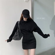 GJXBP學(xué)院風(fēng)jk半身裙連帽衛(wèi)衣短裙子收腰長袖包臀連衣裙女秋冬兩件套裝 黑色 S
