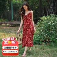 Olrain歐芮兒吊帶碎花連衣裙夏季女裝浪漫優(yōu)雅長(zhǎng)裙子度假沙灘裙 紅色印花 XL