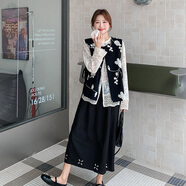 桂雪格黑色刺繡馬甲套裝裙女秋季2025年新款連衣裙女高腰半身裙兩件套女 黑色兩件套 品質(zhì)升級版 M （105-115斤）