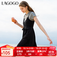 LAGOGO黑色學(xué)院風(fēng)拼接連衣裙女拉谷谷春夏新款高腰吊帶兩件套裙子 黑色（W1） M 160/38