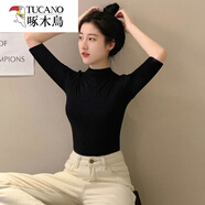 啄木鳥(niǎo)莫代爾黑色半高領(lǐng)短袖t恤女春夏冰絲中領(lǐng)薄款上衣緊身半袖打底衫 黑色莫代爾【半高.領(lǐng)中.袖】 M 87-96