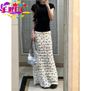 EPET木耳邊蝴蝶結印花蕾絲碎花魚(yú)尾半身裙女夏季小個(gè)子拖地包臀長(cháng)裙子 半身裙 M 80-95斤