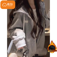 棉致復(fù)古拼接格子連帽外套女秋冬季新款休閑上衣慵懶開衫衛(wèi)衣加絨 灰色【3080常規(guī)高品質(zhì)】 L 100-120斤