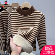 AEMAPE半高領(lǐng)毛衣女間色條紋新款一體絨2025秋冬季加絨加厚套頭針織衫女 咖啡色一體絨 L 110-120斤