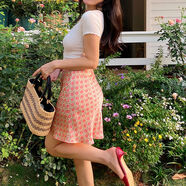 oohitch癢癢法式復古魚(yú)尾半身裙高腰顯瘦a字印花短裙 短款 XS XS