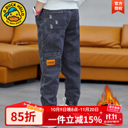 G.DUCKKIDS男童加絨褲子秋冬兒童牛仔褲加厚保暖中大童運動(dòng)褲百搭男孩長(cháng)褲春 深黑色-加絨款 170碼建議160-170cm14-15歲