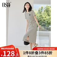 歐莎（OSA）圓領(lǐng)條紋連衣裙女夏季高級(jí)感捏褶收腰顯瘦小個(gè)子t恤裙中長(zhǎng)款裙子 黑杏條紋 XS