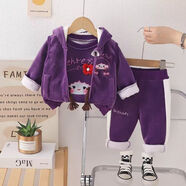 G.duck嬰兒衣服女童金絲絨套裝冬裝0-6歲女寶寶2加絨洋氣衛衣兩件裝韓版 辮子女孩加絨馬甲三件套 紫色 100 cm適合90-100cm年齡3-4歲