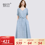 魅斑牛仔藍(lán)串珠系帶短袖連衣裙女2025新款連身裙夏天巨好看的裙子 藍(lán)色 L
