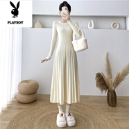 花花公子（PLAYBOY）配大衣內搭長(cháng)袖針織裙連衣裙女秋冬中長(cháng)款氣質(zhì)百搭顯瘦打底毛衣裙 米白色 百褶裙 S 80-100