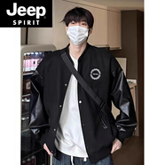 JEEP SPIRIT棒球服美式街頭字母黑色呢子PU皮袖子單排扣拼接情侶長(cháng)袖夾克外套 黑色圓形刺繡【加.厚加棉款】 XL 【130-145斤】