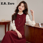 Z.R.Zoro奢侈品連衣裙女2025秋冬新款復(fù)古長(zhǎng)袖假兩件法式赫本小香風(fēng)連衣裙 酒紅色 XL