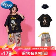 迪士尼（Disney）兒童街舞潮服套裝男童嘻哈破洞牛仔褲hiphop演出服夏女童爵士舞服 黑色BOY+牛仔長褲+漁夫帽 120