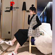 皮爾卡丹（pierre cardin）小香風(fēng)氣質(zhì)輕熟馬甲時尚套裝2025春秋季新款韓版格紋毛衣裙兩件套 黑色 均碼