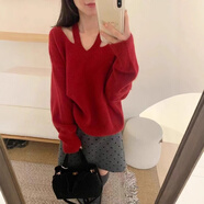 Semir森馬氛圍感鏤空露鎖骨毛衣女秋季慵懶顯瘦減齡獨特洋氣針織衫 紅色 均碼 0548【80-120斤】