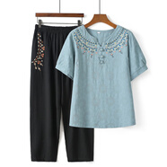 俞兆林中老年女裝春秋款奶奶短袖t恤套裝民族風(fēng)媽媽夏裝母親節禮物 藍色套裝 均碼 3XL建議120-130斤