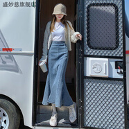 盛妙慈半身裙女彈力牛仔魚(yú)尾裙開(kāi)叉2023年新款中長(cháng)款包臀裙子小個(gè)子牛仔 復古藍[彈力裙]_6325 L_建議105-115斤