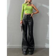 2025秋冬歐美女裝爆款時(shí)尚性感高腰長(zhǎng)褲喇叭褲皮褲女褲子 黑色 S