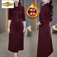 初徑設計感百搭加絨保暖打底裙子女年秋冬新款時(shí)尚氣質(zhì)顯瘦連衣裙 紅色加絨 【圍巾+連衣裙】 2XL 【建議125-135斤)