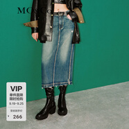 MO&Co.牛仔半身裙春秋廢土風(fēng)做舊破洞爛邊直筒開(kāi)叉天絲摩安珂 牛仔藍(lán)色 S 160
