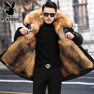花花公子（PLAYBOY）派克服男可拆卸狐貍內膽海寧斷碼貂皮毛一體大衣中長(cháng)款皮草外套冬 金黃色長(cháng)毛【升級毛毛衣袖】中長(cháng)款 2XL 130-145斤