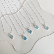 銀海藍寶橢圓項鏈女輕奢獨特設計ins蛇骨鏈寶石吊墜鎖骨鏈 人造海藍寶項鏈 925銀