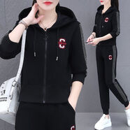木清清休閑運動(dòng)服套裝女2025春秋季新款時(shí)尚繡花潮流減齡寬松連帽三件套 黑色【休閑三件套】 2XL 【125斤-140斤】