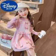 迪士尼（Disney）女童洋氣秋冬季加絨針織毛衣連衣裙公主女寶寶加厚泡泡袖裙子冬裝 粉紅色 春秋款 130 120-130cm