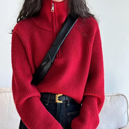 SATCHI2025歐美半拉鏈高領套頭毛衣女款時尚美拉德色系穿搭針織上衣 紅色 均碼