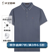 才子（TRIES）商務(wù)休閑POLO衫夏季短袖撞色條紋翻領(lǐng)T恤桑蠶絲柔順透氣時(shí)尚上衣 灰藍(lán)色 3XL 54(185/100A)