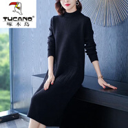 啄木鳥(niǎo)羊·毛絨連衣裙半高領(lǐng)加厚中長(cháng)款針織內搭女秋冬新款過(guò)膝配大·衣 黑色 2XL (135-150斤)
